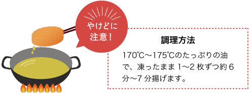 調理方法：170℃?175℃のたっぷりの油で、凍ったまま1?2枚ずつ約6分?7分揚げます。